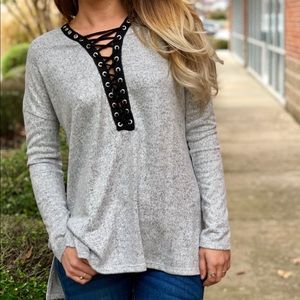 Lace up gray sweater